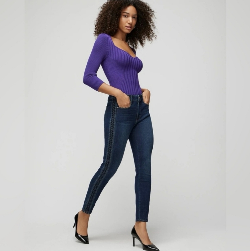 WHBM Women's High-Rise Sculpt Pleated Stripe Detail Skinny Ankle Stretch Jeans 4